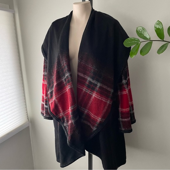 Simon Chang Wool Blend Open Shawl Cardigan Sweater Buffalo Plaid Oversized Small - Picture 3 of 10